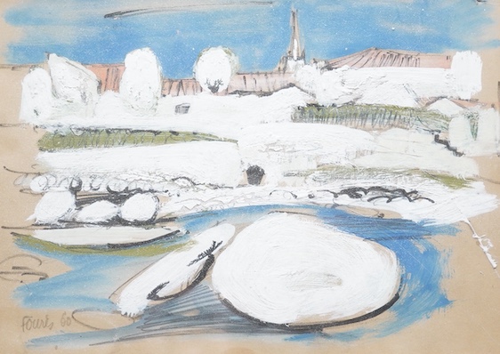20th century, Continental School, Landscape, indistinctly signed Foures? dated '60, gouache, 15 x 20cm